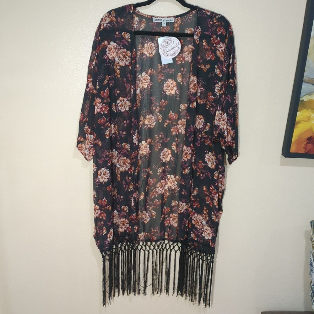Gypsies & Moondust Womens Sz Large Kimono Lightweight Black Floral Boho lace - Picture 2 of 7